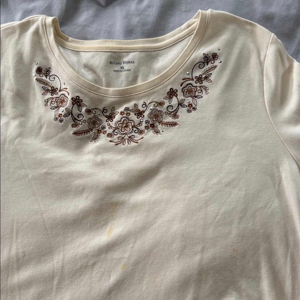 Studio Works Cream Top with Brown Floral Embroidery